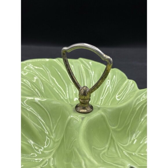 Vintage California USA Pottery Green Triple Leaf Divided Platter Ring Handle MCM - Picture 8 of 10